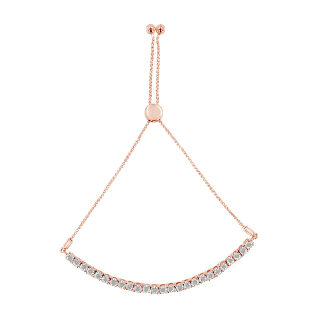 Rose gold bracelet with clear gemstones on an adjustable chain.