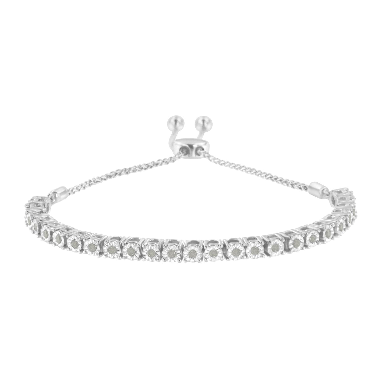 Silver bracelet with floral-patterned gems, adjustable clasp, and fine chain links.