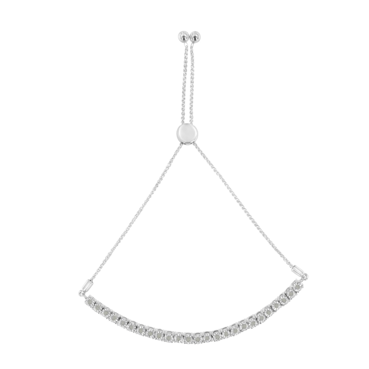 Silver bracelet with an adjustable chain and curved row of sparkling clear stones on a white background.