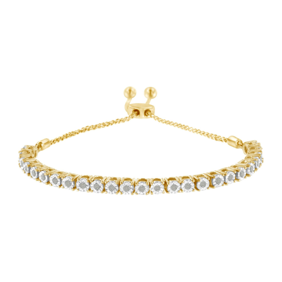 Gold bracelet with a chain and adjustable clasp, adorned with sparkling round-cut clear stones.