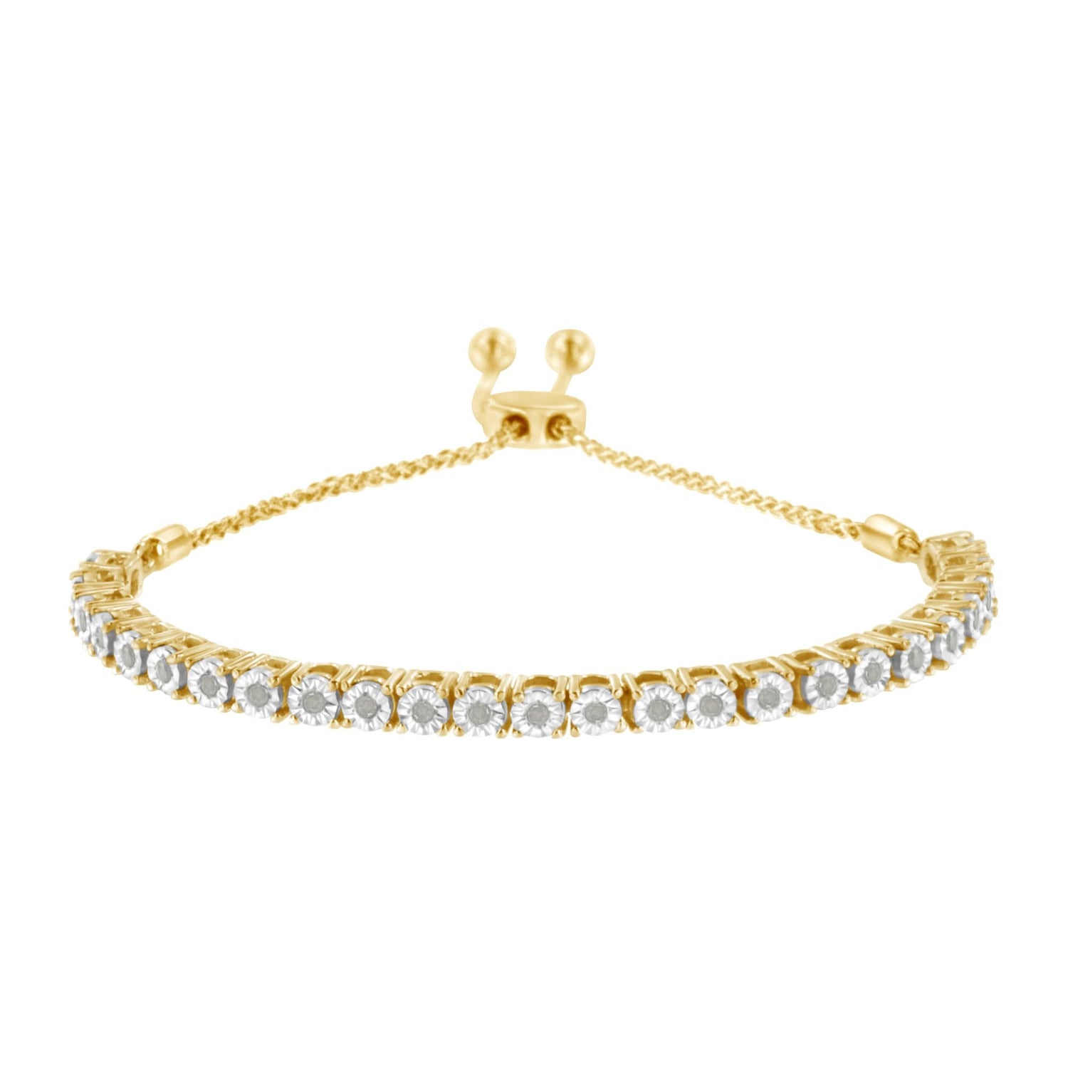 Gold bracelet with round white stones, adjustable chain, and slider clasp on a white background.