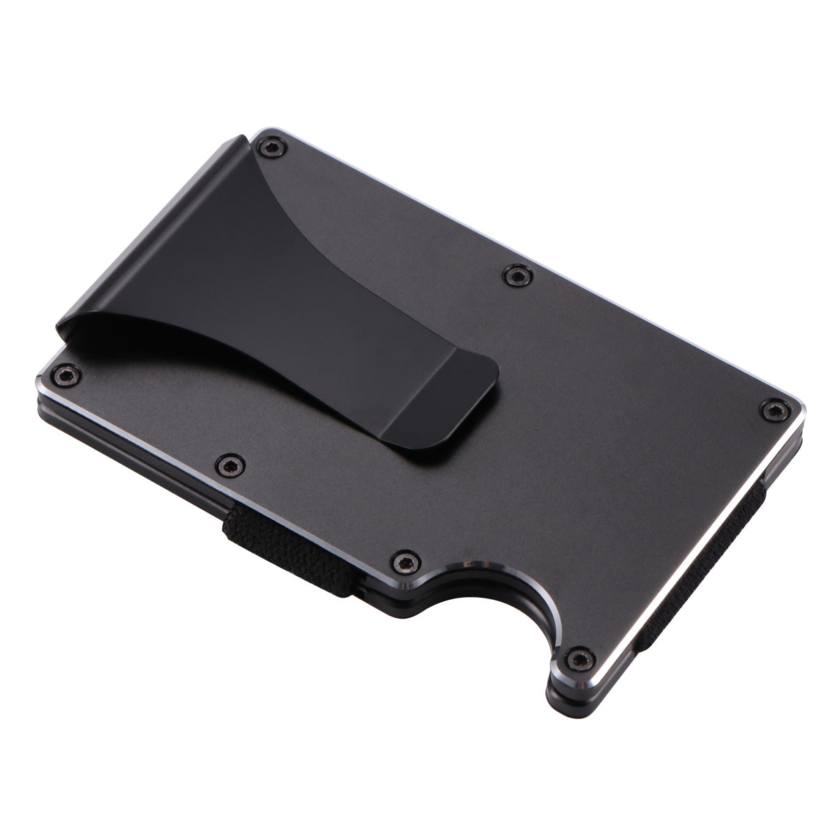 Black metal wallet with money clip, riveted corners, and cutout edge, on white background.