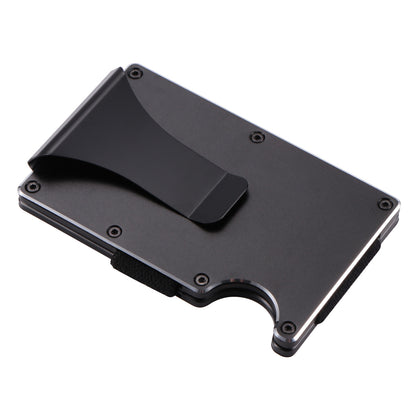Black metal wallet with money clip, riveted corners, and cutout edge, on white background.