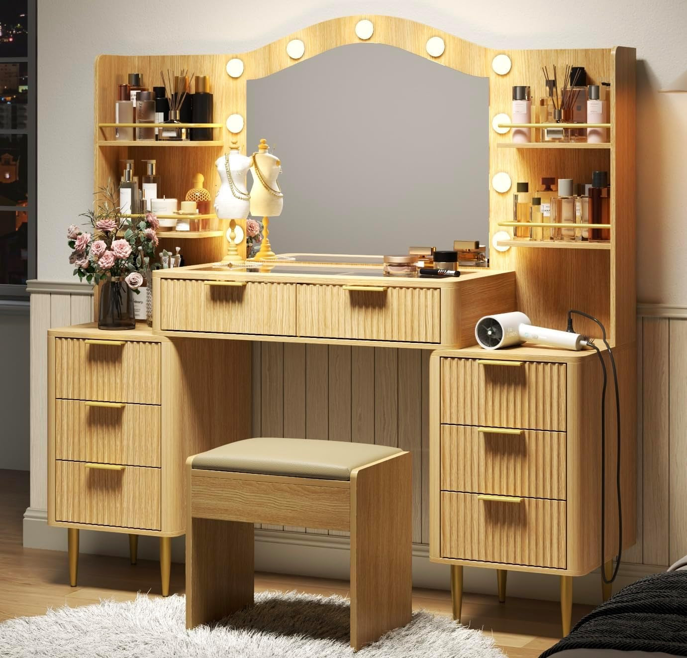 Fifty FiveInch Oak Vanity Desk With Mirror Lighting-2