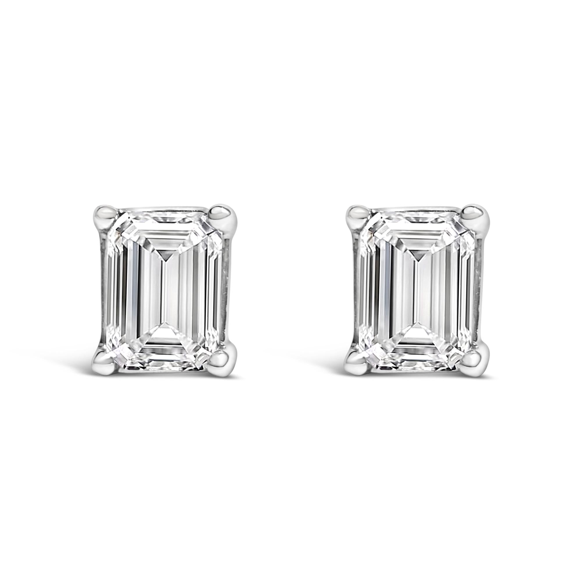 14K White Gold Emerald Cut Diamond Solitaire Stud Earrings