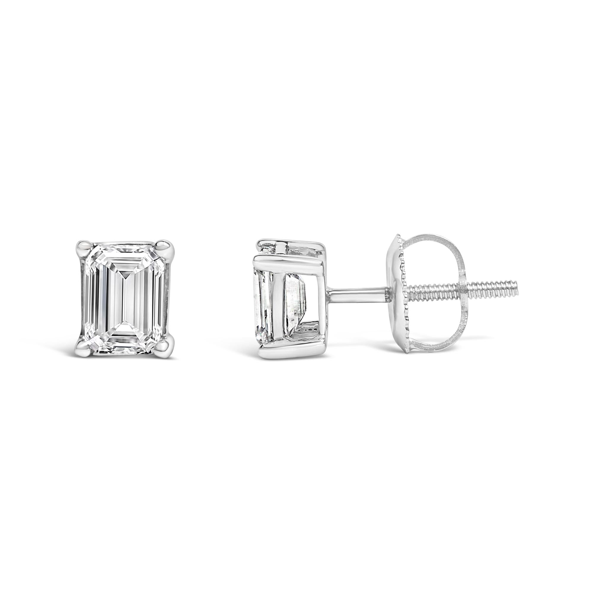 14K White Gold Emerald Cut Diamond Solitaire Stud Earrings