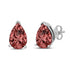 Red teardrop crystal earrings with silver backings on a white background.