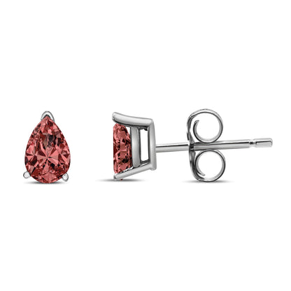 Silver earrings with pear-shaped, pink gemstones, front and side view shown.