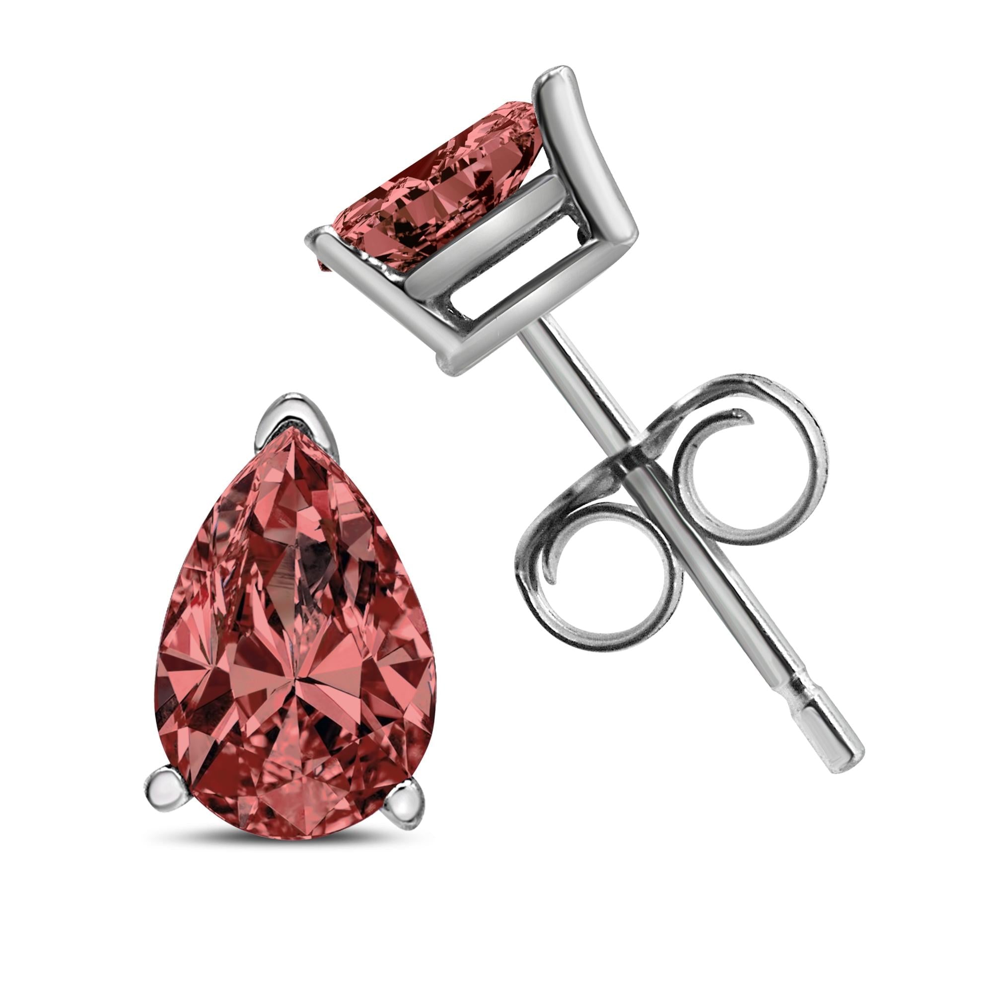 Silver drop earrings with faceted red gemstones, set in prongs, shown front and side view.