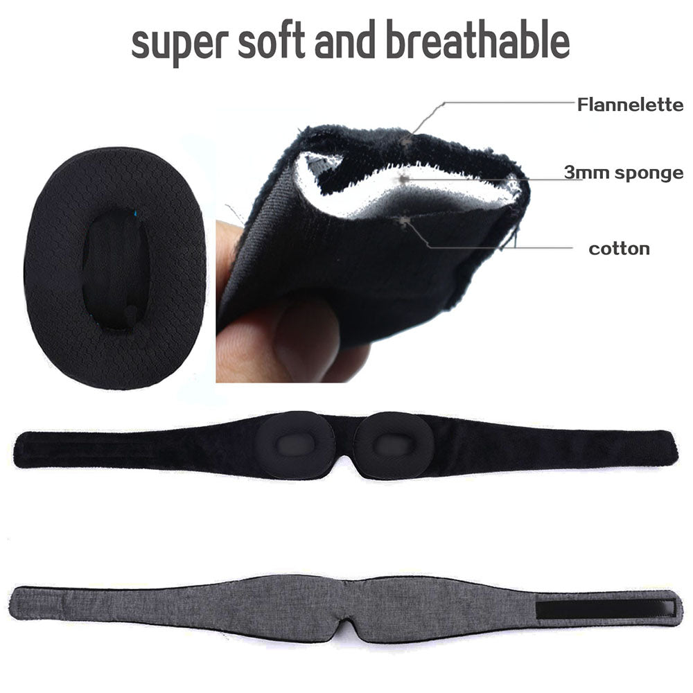 Black sleep mask with flannelette, sponge, and cotton layers; labeled as soft and breathable.
