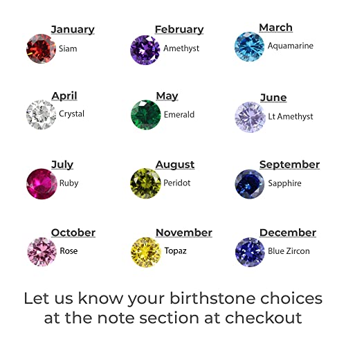Birthstones by month: January Siam, February Amethyst, March Aquamarine, others listed below.