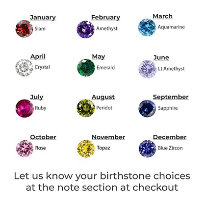 Birthstones by month: January Siam, February Amethyst, March Aquamarine, others listed below.