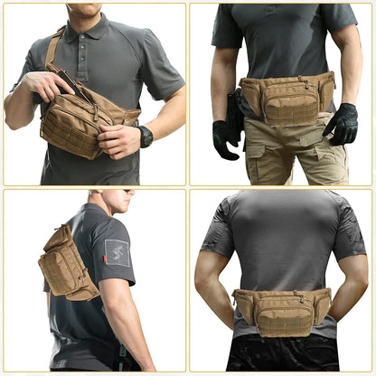 Four images of a man wearing a brown tactical waist bag in various positions, in a gray shirt.