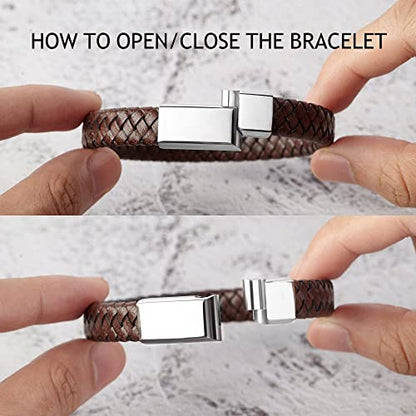 Brown braided bracelet with silver clasp, shown in open and closed positions with hands demonstrating.