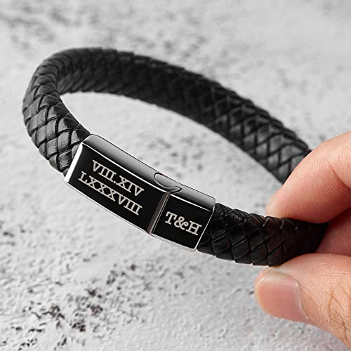 Black braided bracelet with a silver clasp engraved with Roman numerals and "T&amp;H."