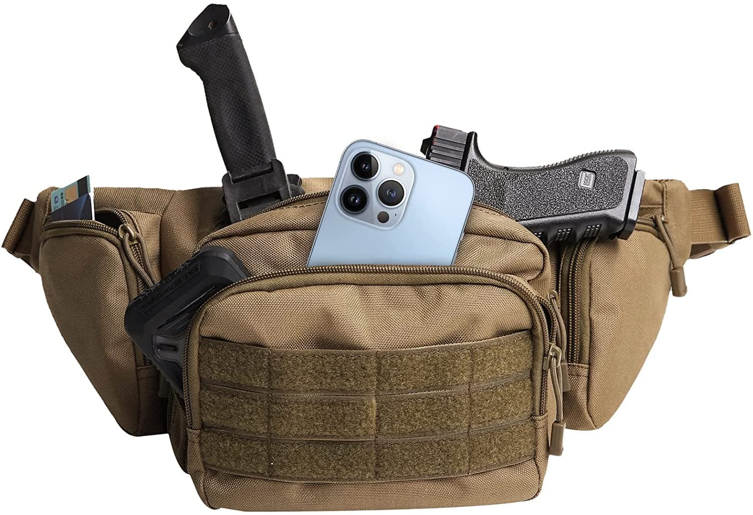 Brown tactical waist bag holds a smartphone, knife, and a small black item, with front velcro panel.