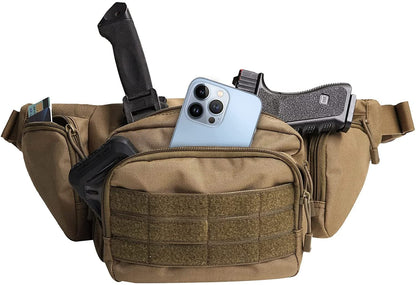 Brown tactical waist bag holds a smartphone, knife, and a small black item, with front velcro panel.