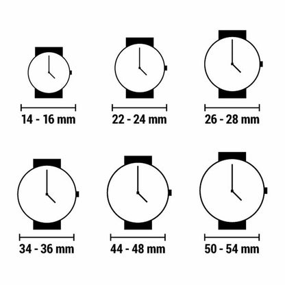 Six black and white watch icons with labeled sizes: 14-16, 22-24, 26-28, 34-36, 44-48, 50-54 mm.