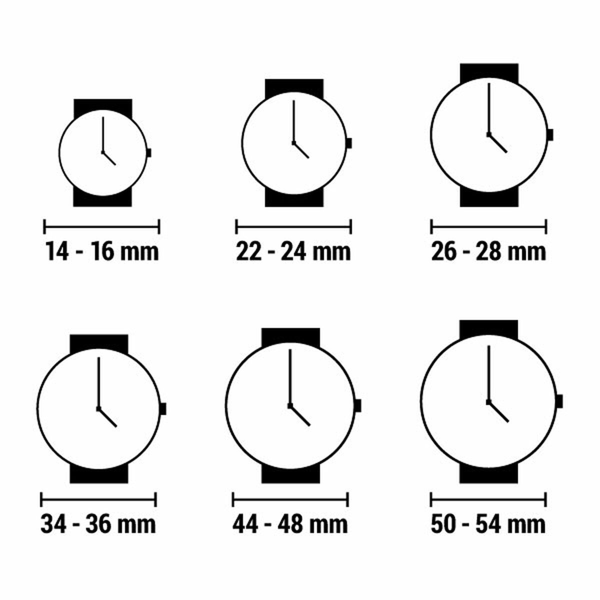 Diagram showing six watch face sizes, ranging from 14-16 mm to 50-54 mm, in black and white.