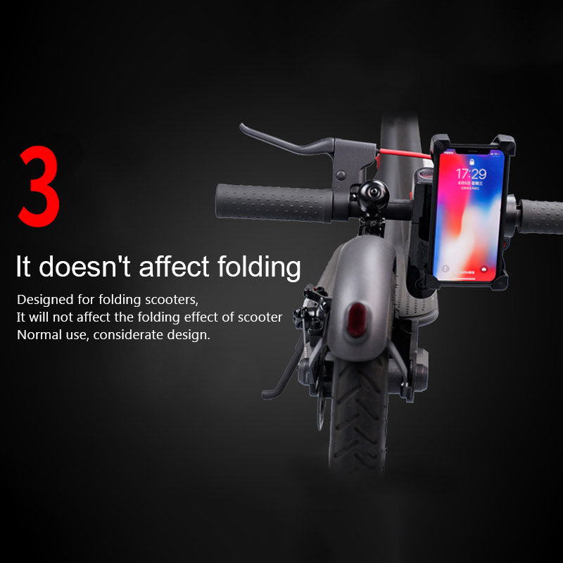 Scooter handlebar close-up with mounted smartphone holder, black background, red text: "3".