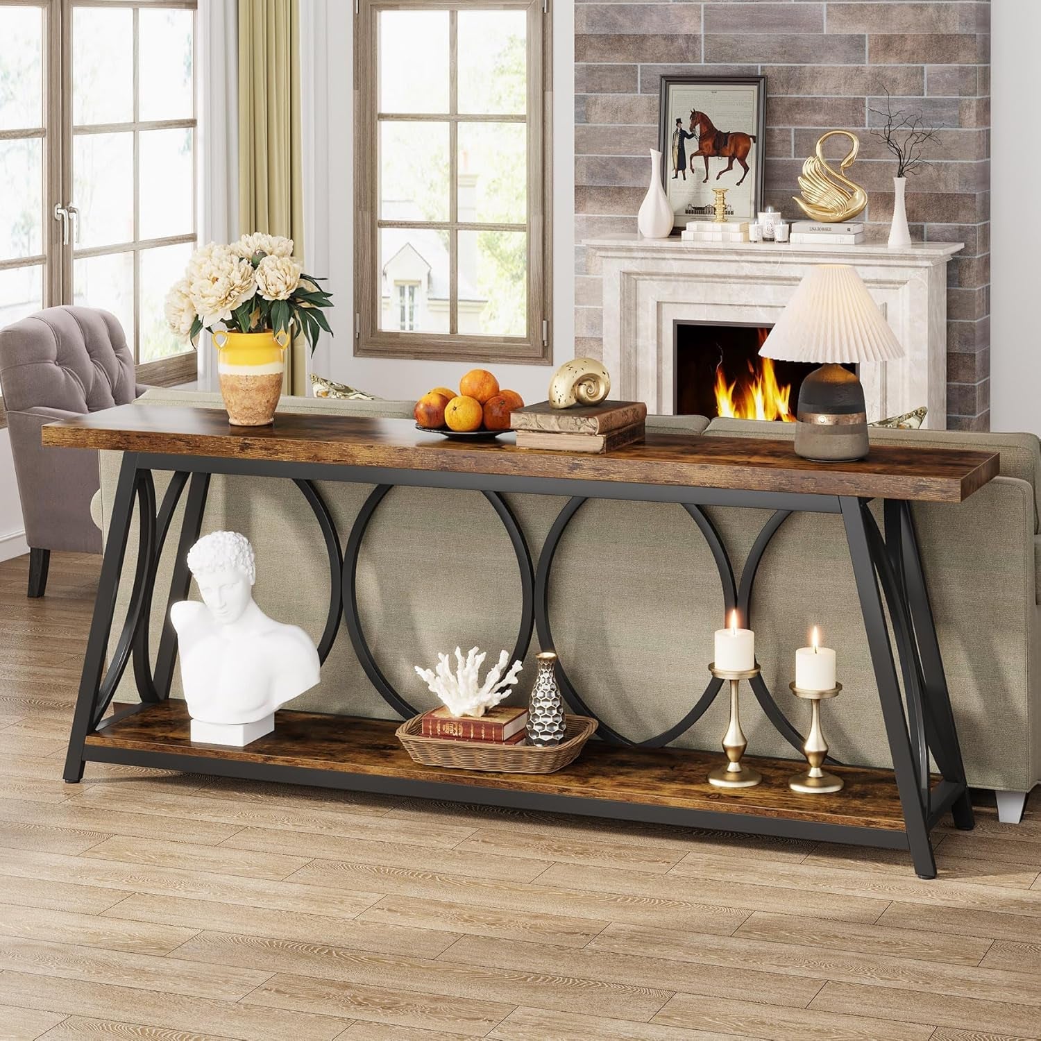 70.9 Inch Rustic Brown Industrial Grade Console Table-4