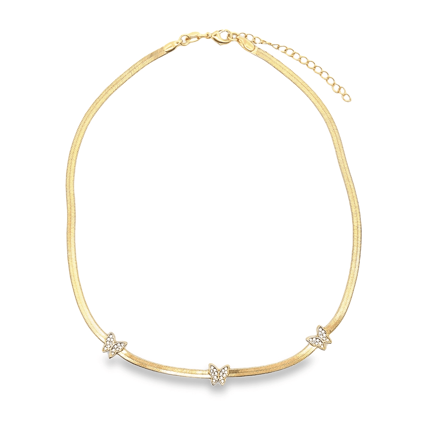 Gold choker necklace with three butterfly-shaped diamond accents, featuring an adjustable clasp.