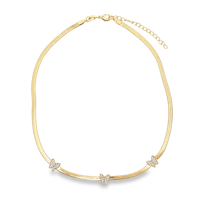 Gold choker necklace with three butterfly-shaped diamond accents, featuring an adjustable clasp.