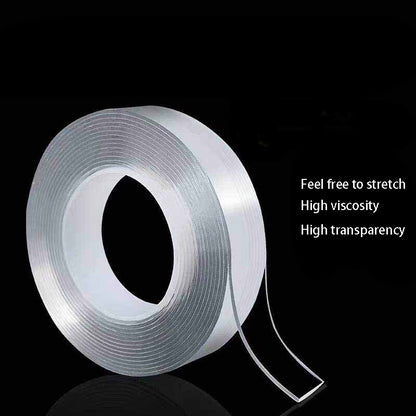 Transparent adhesive tape roll on black background with text highlighting stretch, viscosity, and transparency.