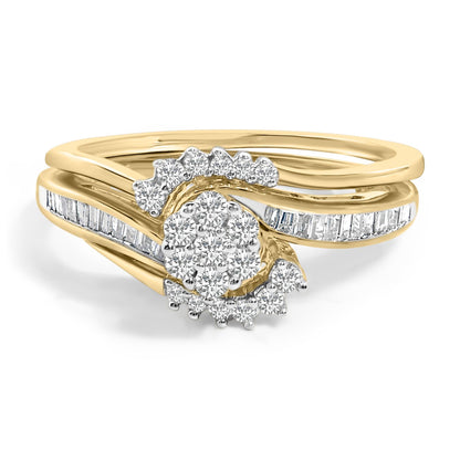 Gold ring with a cluster of round diamonds and baguette accents in a wave design.