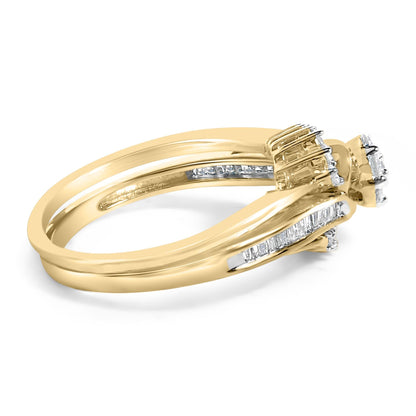 Gold double band ring with embedded rectangular white stones on the sides.