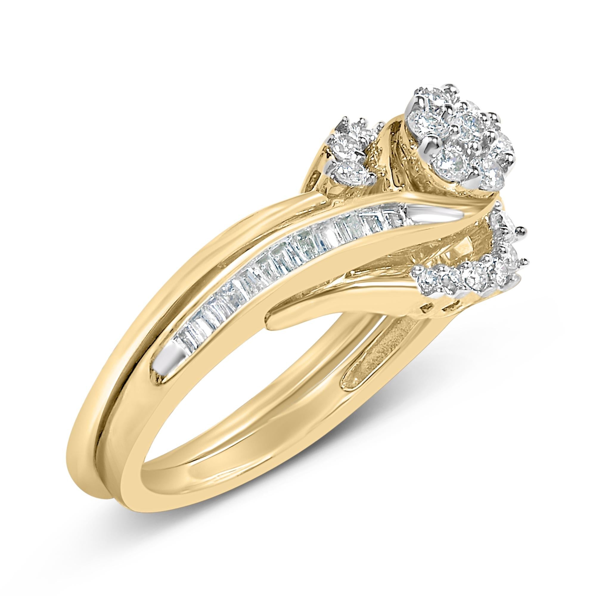 Gold ring with a cluster of round diamonds and a row of baguette diamonds, set in intricate design.