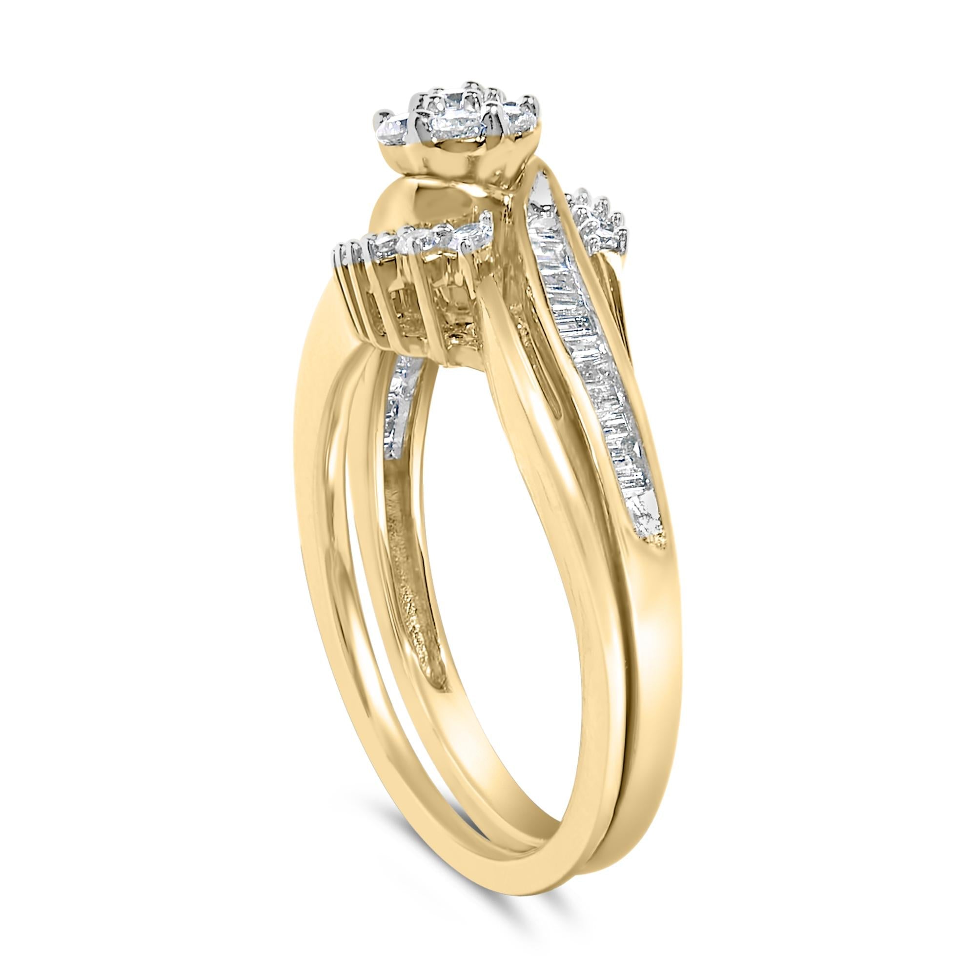 Gold ring set with clustered round and baguette diamonds, featuring sleek, intertwined bands.