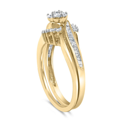 Gold ring set with clustered round and baguette diamonds, featuring sleek, intertwined bands.