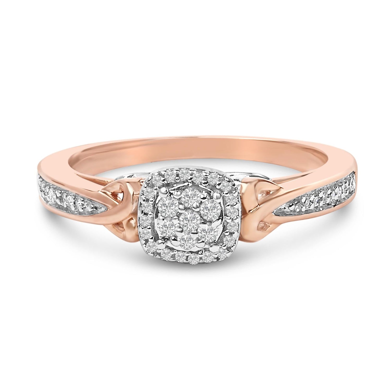 Rose gold ring with cushion diamond cluster, accent diamonds on band, and split shank design.
