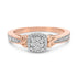 Rose gold ring with cushion diamond cluster, accent diamonds on band, and split shank design.