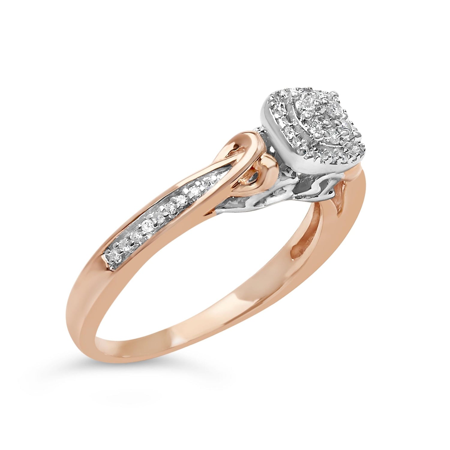 Rose gold ring with intertwined bands, set with small diamonds, and a central diamond cluster.