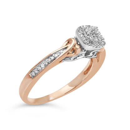 Rose gold ring with intertwined bands, set with small diamonds, and a central diamond cluster.