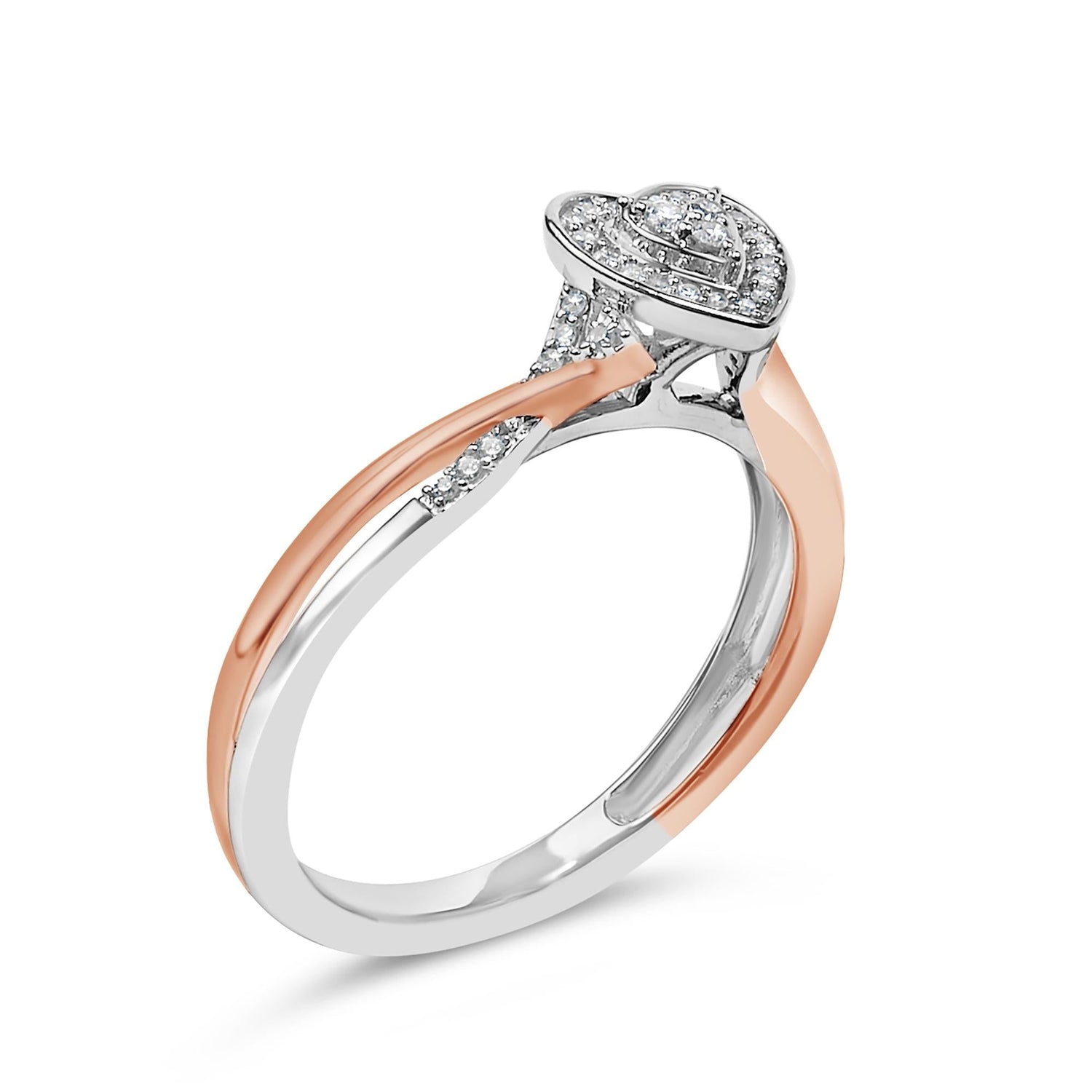 A heart-shaped diamond ring with rose gold and silver twisted band, featuring small side diamonds.