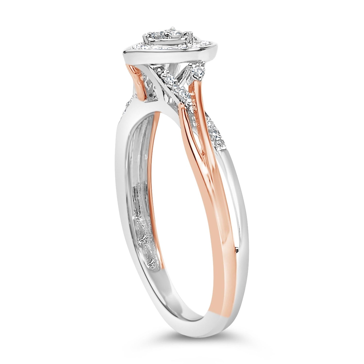 Two-tone rose gold and silver ring with intertwined bands and small diamond accents.