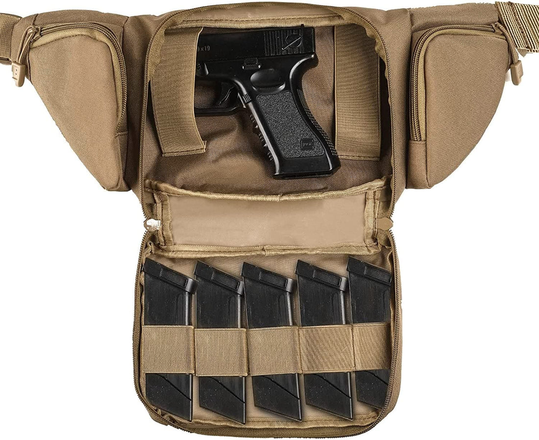 Tan tactical bag open with a black handgun and five magazines visible inside.