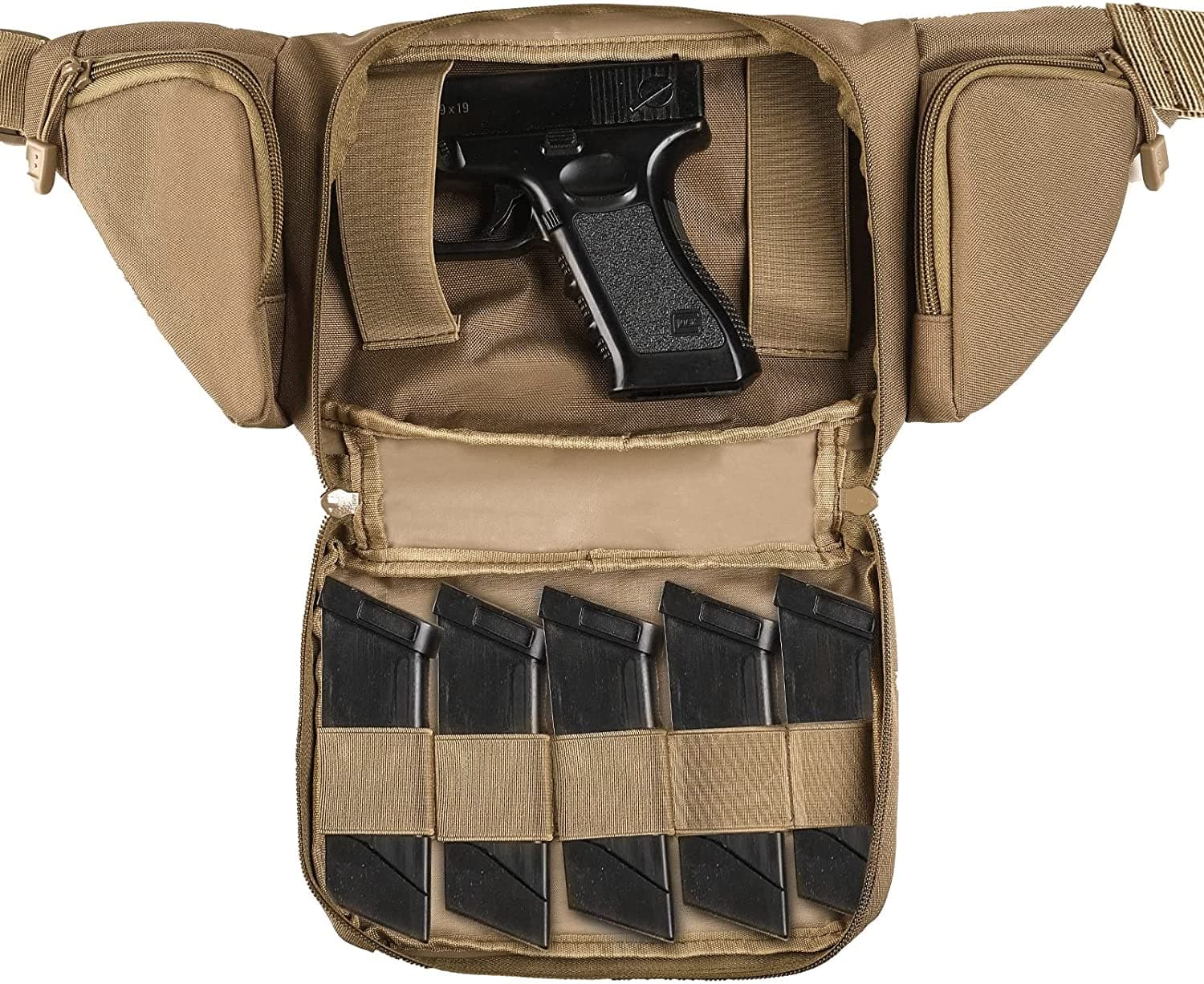 Tan tactical bag open with a black handgun and five magazines visible inside.