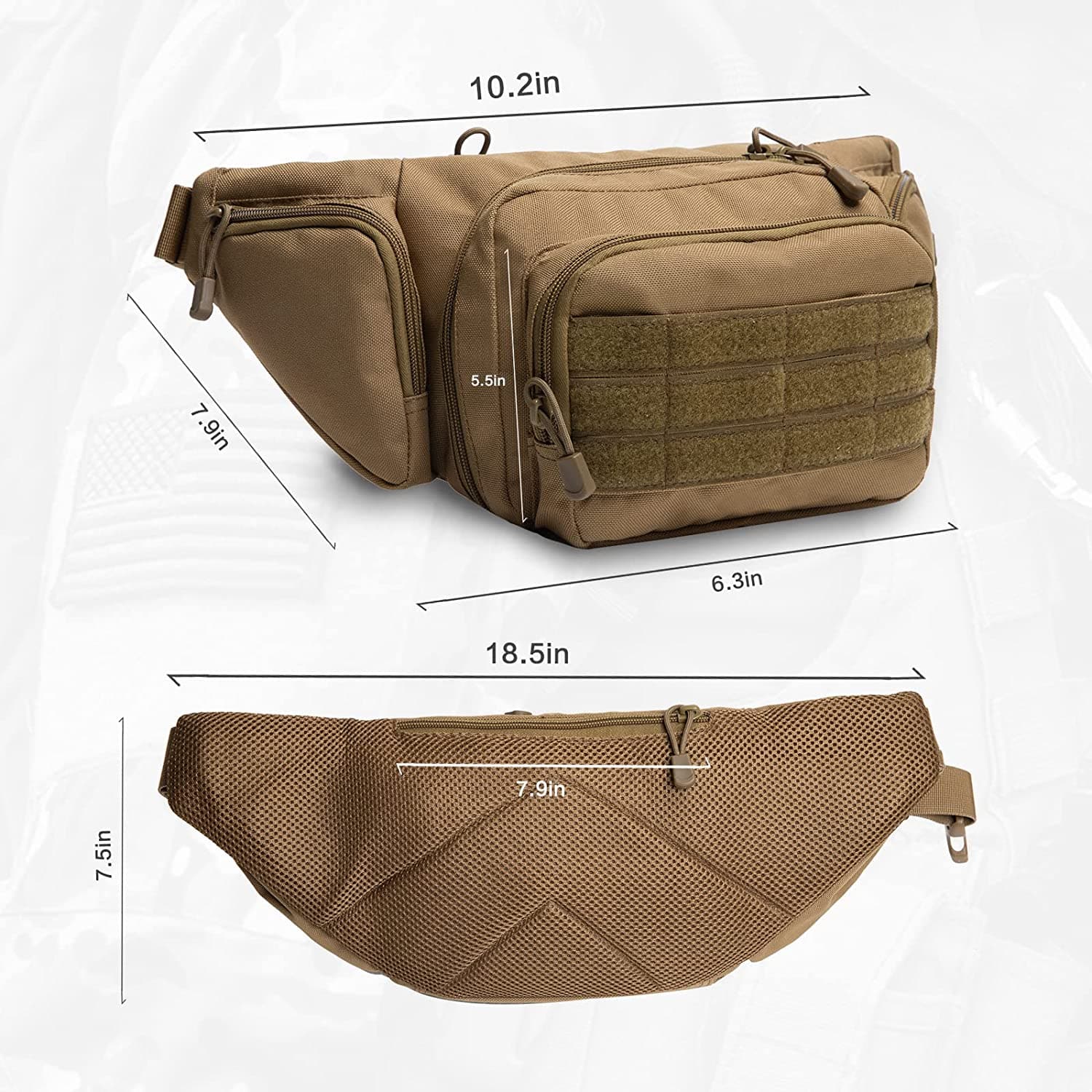 Tan tactical waist bag with multiple pockets, Velcro panel, mesh back, and adjustable strap.