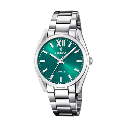 Silver watch with a teal face, Roman numeral XII, and silver hour markers on a metal bracelet.