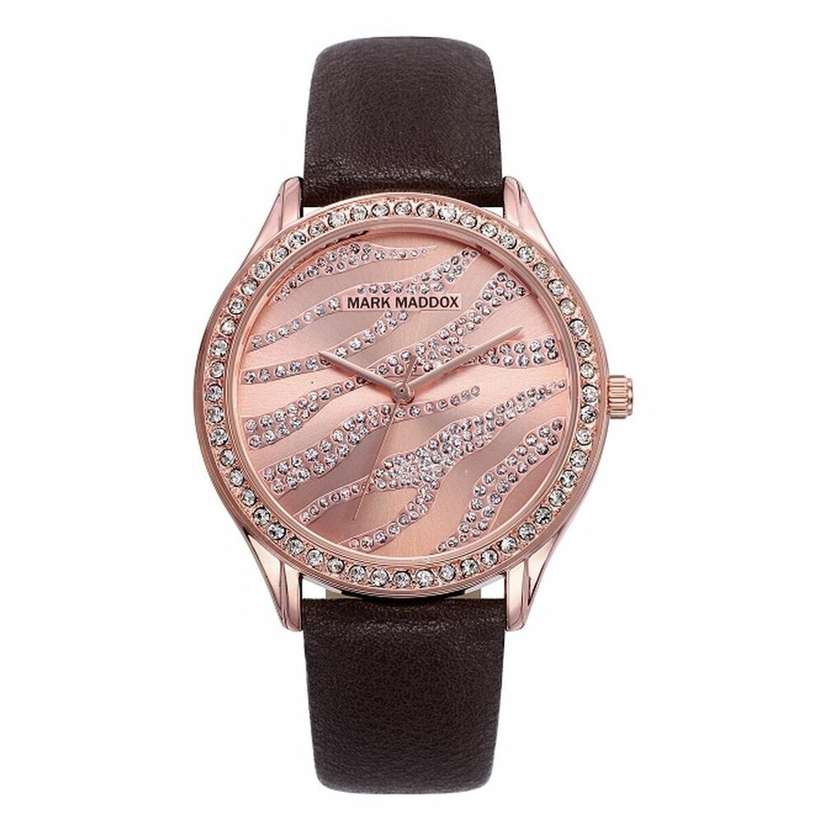 Rose gold watch with crystal accents, zebra pattern dial, and dark brown leather strap.