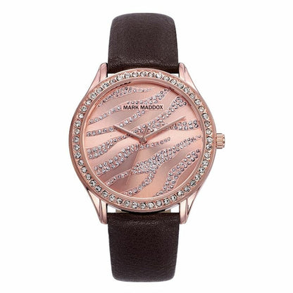 Rose gold watch with crystal accents, zebra pattern dial, and dark brown leather strap.