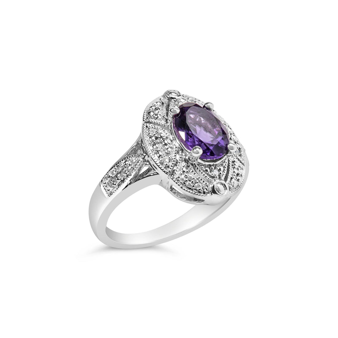 Silver ring with intricate detailing, featuring a large oval purple gemstone at the center.