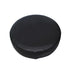 Black round cushion with smooth, leather-like texture on a white background.