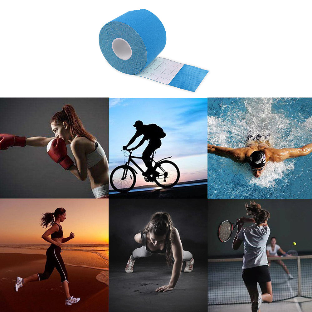 A blue roll of athletic tape above images of diverse sports: boxing, cycling, swimming, running, push-ups, tennis.