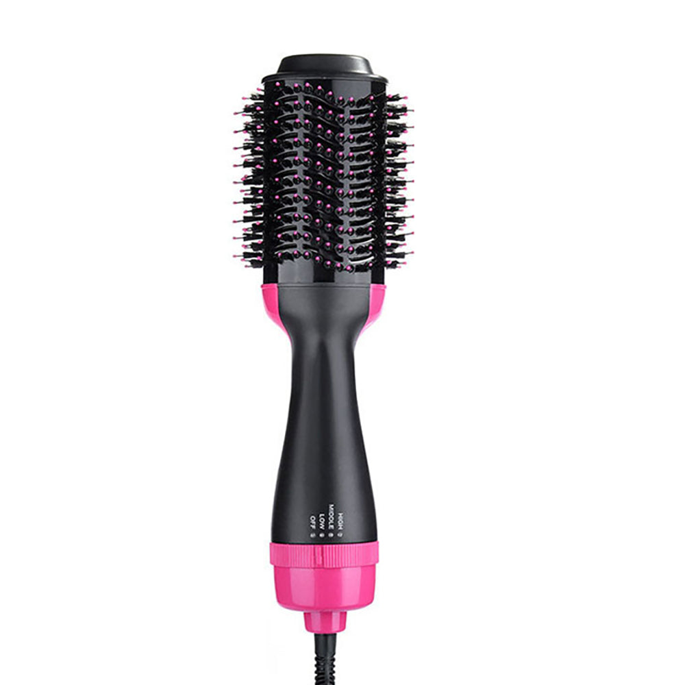 Black and pink round hairbrush with bristles and a cord, featuring adjustable settings.