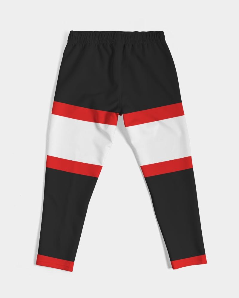 Black leggings with bold red and white horizontal stripes on a white background.